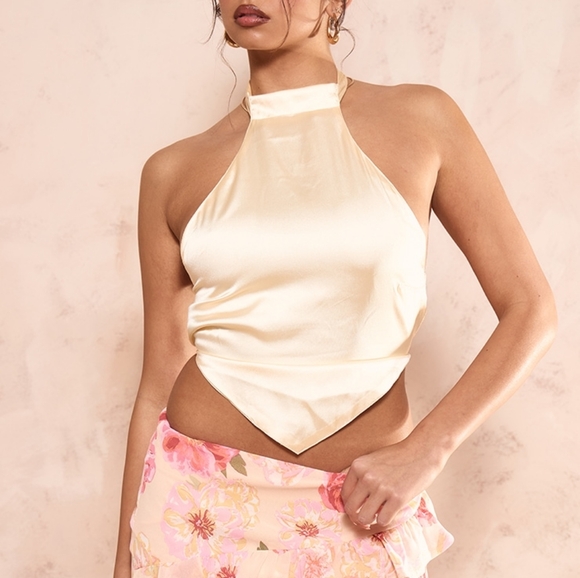 New Pretty Little Thing Elegant Cream Halter Top - Picture 1 of 3